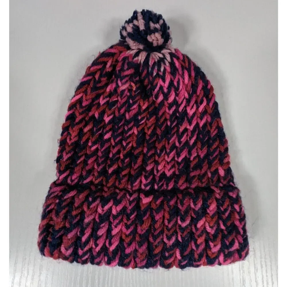 Crochet Hat Youth SIze Homade Pink Blue Pom Beanie